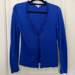 New York & Company Blue Cardigan, Size M, Ruffle V Neck Womens Sweater Top